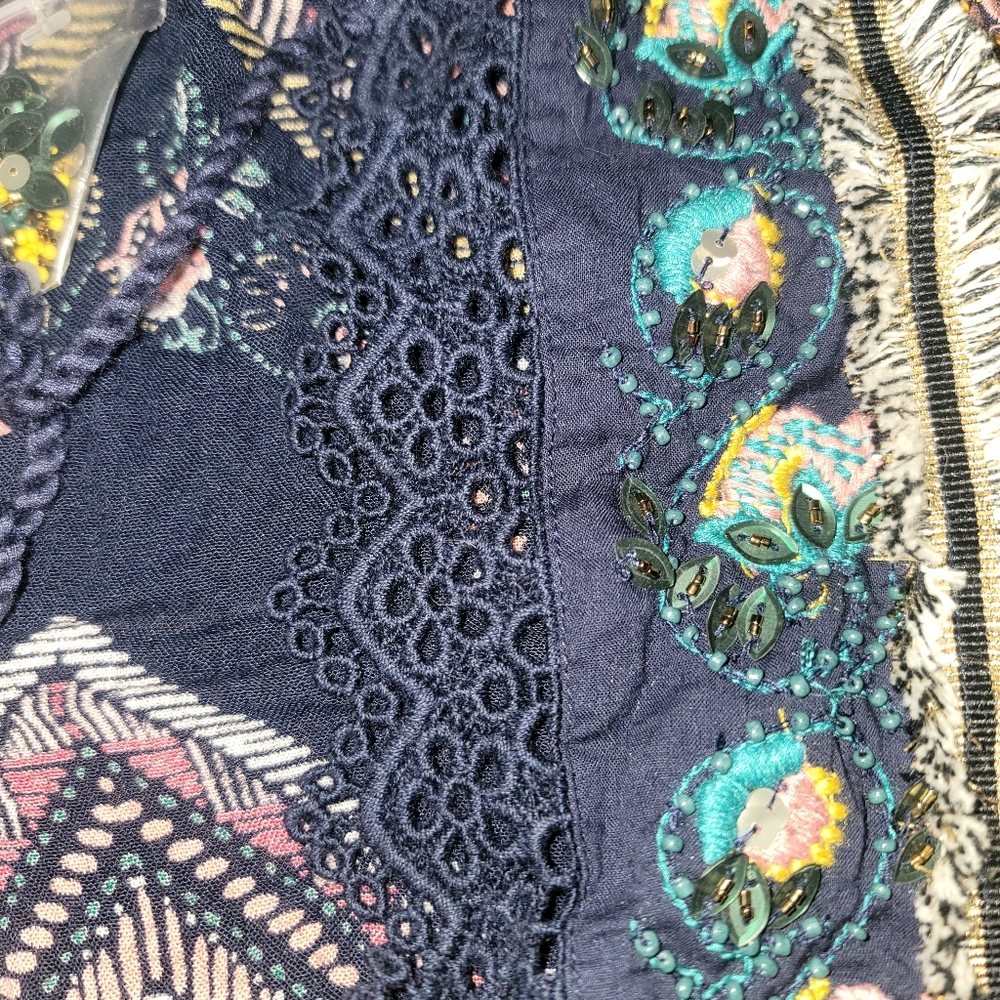 Aqua Embroidered Printed Top jacket Shacket Boho chic Hippie Tassel - Picture 15 of 15